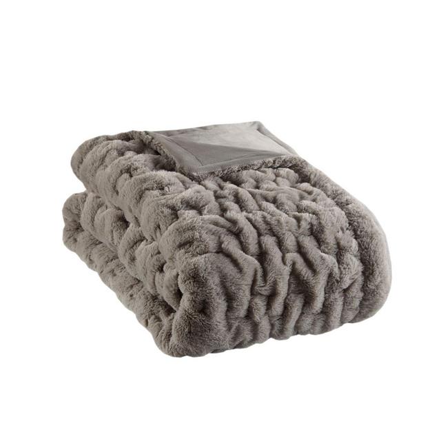 Madison Park Ruched Faux Fur Throw Blanket in Grey