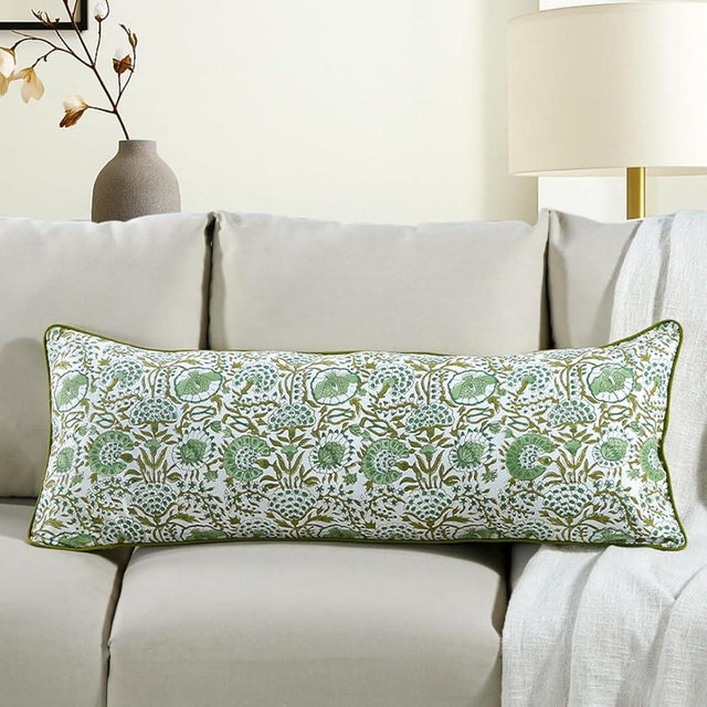 CPC Agate Green 100% Cotton Block Print Sham Cover 14x36 inch, Handmade Boho Floral Pillowcase, Farmhouse Cottagecore Bedding, Soft Decorative Cushion Cover for Bedroom Décor