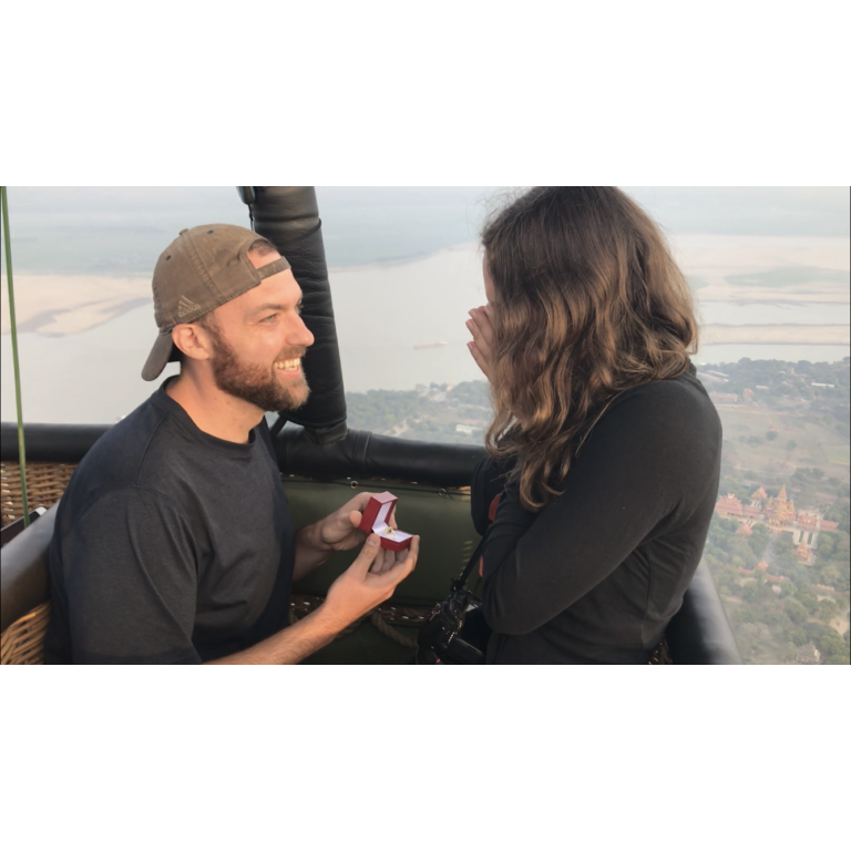 The proposal! Hot air balloon over Bagan, Myanmar.