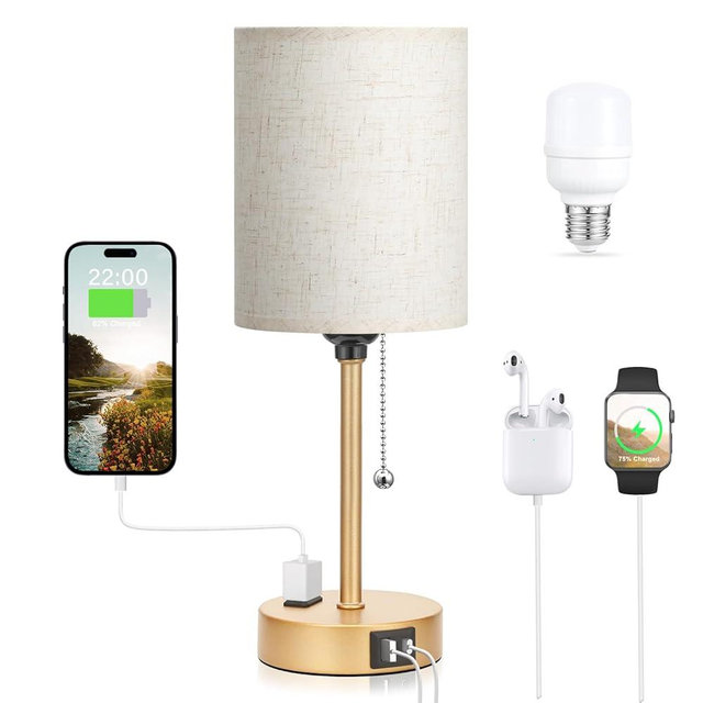Dicoool Elegant Gold Bedside lamp for Bedroom - 3 Color Temperatures Small Table Lamp with USB C and A Ports, Pull Chain Table Lamps with AC Outlet, Cream Nightstand Lamps for Kids Reading Study