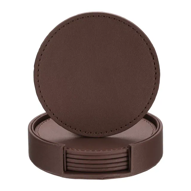 Unique Bargains PU Leather Tabletop Protection Home Decor Housewarming Gift Coasters With a Base 6 Pcs Brown