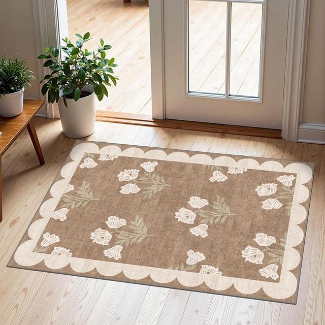 Othilic Front Door Mat Outside Entrance - 2x3 Floral Non-Slip Washable Doormat Indoor Outdoor Mat Tan Neutral Farmhouse Scalloped Entry Rug Small Throw Rugs for Entryway Kitchen Front Porch Decor