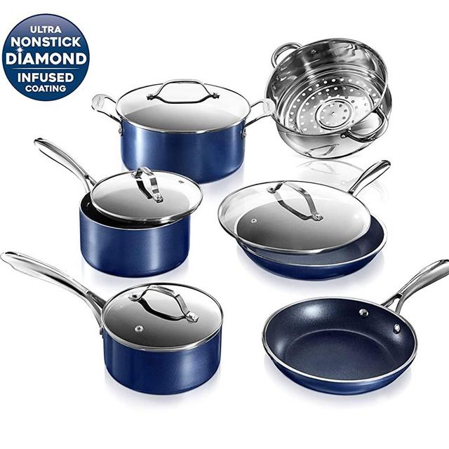 Granite Stone Diamond Granite Stone Classic Blue Pots and Pans Set with Ultra Nonstick Durable Mineral & Diamond Triple Coated Surface, Stainless Steel Stay Cool Handles, 10 Piece Cookware