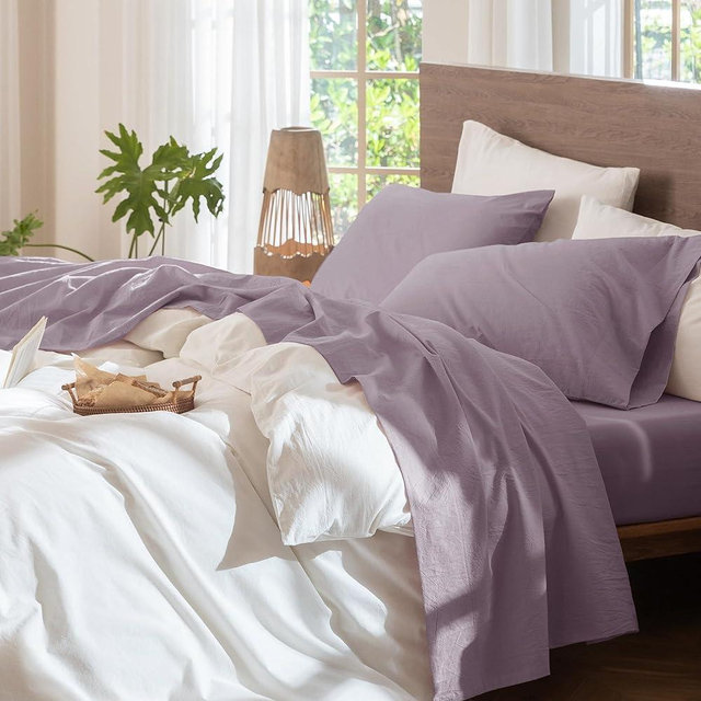MooMee Bedding Sheet Set 100% Washed Cotton Linen Like Textured Breathable Durable Soft Comfy (Solid Taro Purple, King)