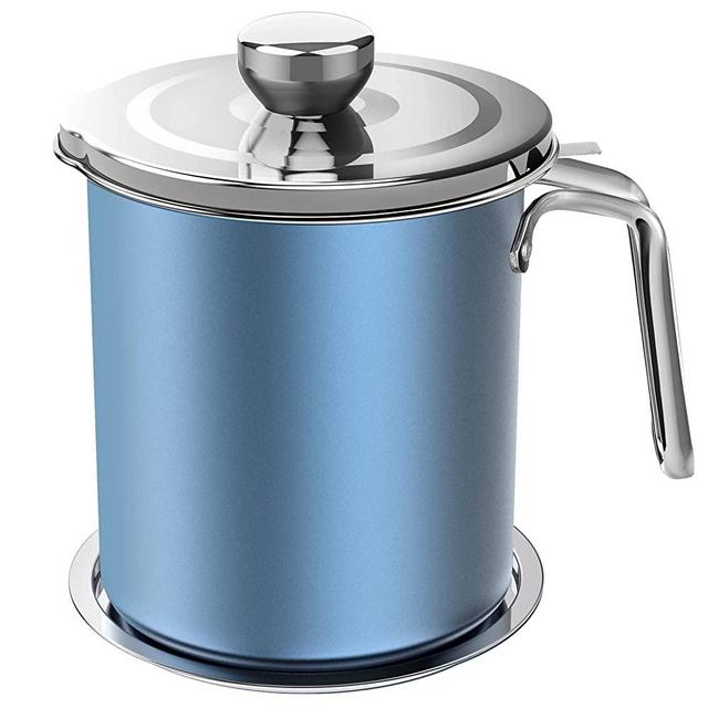 Chihee Oil Strainer Pot Grease Can 2L / 67.6 fl oz Food Strainer Stainless Steel Oil Storage Container with Fine Mesh Strainer Dust-proof Lid Non-slip Tray for Storing Frying Oil & Cooking Grease