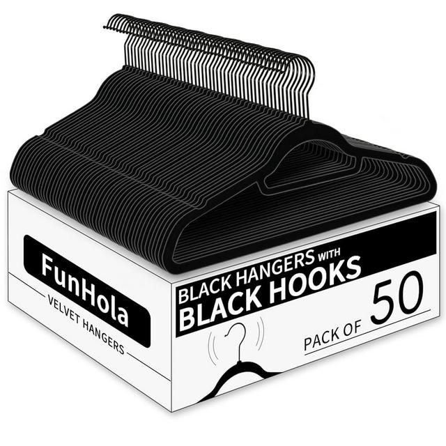 FunHola One-Color Velvet Hangers Non Slip, 50 Pack, Space Saving up to 40%, Luxury Clothes Hangers Black Felt with Black 360° Swivel Hook
