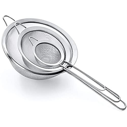 Proto Future Strainer Set Fine Mesh – Premium 304 Stainless Steel (18/8) – 3.3″, 5.5″ and 8″ Sturdy Kitchen Strainers (Silver)