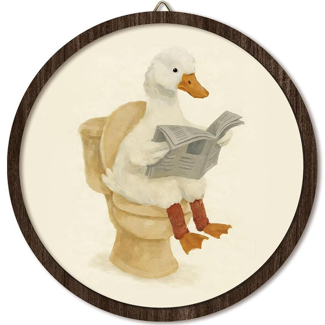 HUILYFANDS Kids Bathroom Goose Wall Art Decor, Funny Animal Nursery Wall Art,Funny Goose on Toilet Round Wall Hanging Decorations for Kids Boys Girls Toddler Bathroom Washroom Decor, 10 Inch Diameter