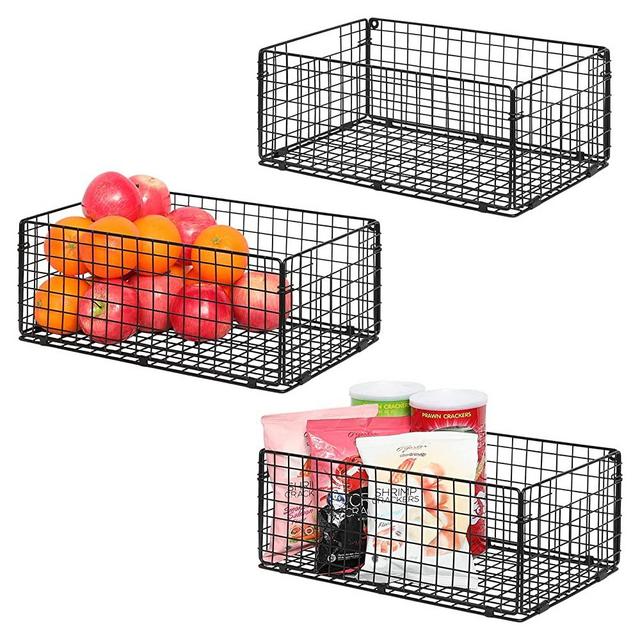X-cosrack Foldable Cabinet Wall Mount Metal Wire Basket Organizer Pantry Basket with Handles - 3 Pack -16" x 9" X 6", Food Storage Mesh Bin for Kitchen Bathroom Laundry Closet Garage Patent Design