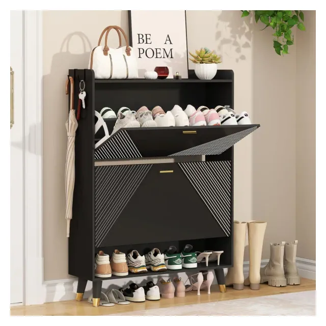 TIRAMISUBEST White Shoe Cabinet with 2 Flip Drawers - Space-Saving Wooden Shoe Organizer for Entryway, Hallway or Closet