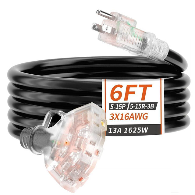 PlugSaf 6 FT 16/3 Gauge Outdoor Extension Cord with Multiple Outlets Light Indicator, Flexible 3 Outlet Weatherproof Extension Cord Waterproof Black, 13A 1625W 16AWG SJTW, ETL Listed