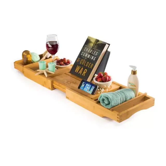 Bambusi Luxury Bamboo Bathtub Caddy Tray, Expandable Sides Bath Caddy Tray (Book, Wine, Glass, Cell Phone Holder)