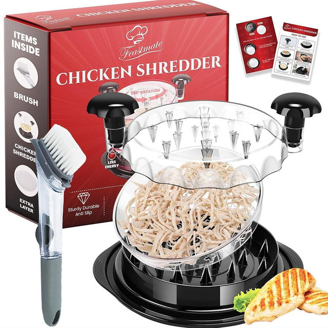 Feastmate Chicken Shredder Tool Twist Large 10” Meat Shredder, Transparent Lid, Extra Plate and dispenser Brush – chicken shredder large, desmenuzador de pollo, meat grinder, desmenuzador de carne