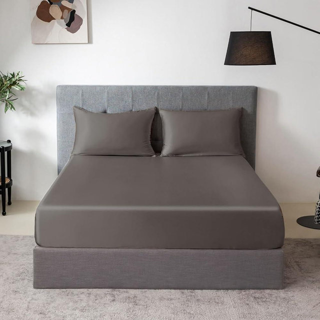 THXSILK 100% Mulberry Silk Fitted Sheet Set, 7A+ Silk 3 Pieces Bed Sheets, Breathable, Smooth, 16 Inch Deep Pocket Fitted Sheet, 2 Pillowcases - Charcoal, King