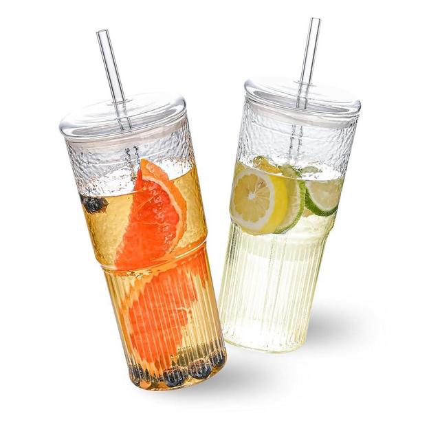 MINGHYZYA 20 OZ Iced Coffee Cup With Glass Lids and Straws,High Borosilicate Glass Tumbler Cup Reusable Wide Mouth Smoothie Cups(Clear,2cups)…