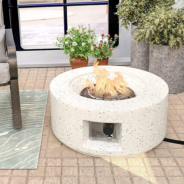 HOMPUS Outdoor Propane Fire Pit, 40,000 BTU 28-inch Round White Terrazzo Concrete Fire Table Gas Fire Pit w Lava Rocks and Rain Cover for Outdoor, Deck or Backyard