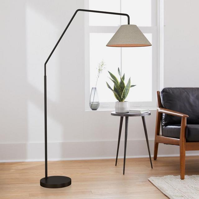 Sculptural Overarching Floor Lamp Dark Bronze Natural Linen Tapered Cone (75")