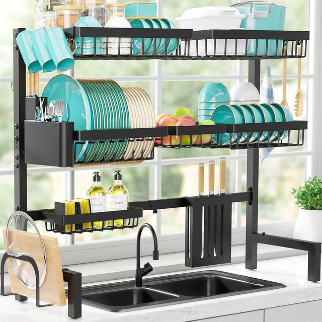 Sakugi Dish Drying Rack - Large Over The Sink Dish Drainer Drying Rack (31.5" to 39.5" W), Large Capacity Stainless Steel Dish Rack, Multifunctional Kitchen Organizers and Storage Rack, Black