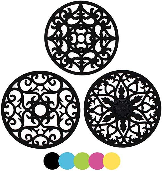ME.FAN 3 Set Silicone Multi-Use Intricately Carved Trivet Mat - Insulated Flexible Durable Non Slip Coasters (Black)