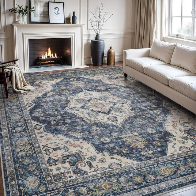 AMOAMI-Area Rug 5X7 Rugs for Living Room-Vintage Soft Blue Rugs for Bedroom-Non Slip Carpet-Machine Washable Rug for Dining Room Living Room Bedroom Office Under Table