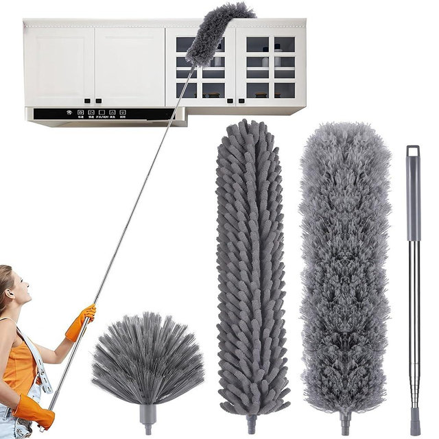MUXUN 4 Pcs Microfiber Cobweb Duster with 100-inch Extendable Pole, Washable and Reusable Feather Cleaning Duster Kit with 3 Duster Heads,Dusters for Cleaning with Telescopic Pole for High Ceiling Fan