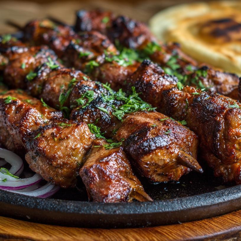 Mtsvadi: Traditional meat skewers (usually pork or lamb) grilled over hot coals, often seasoned simply with salt and served with fresh onions and herbs.