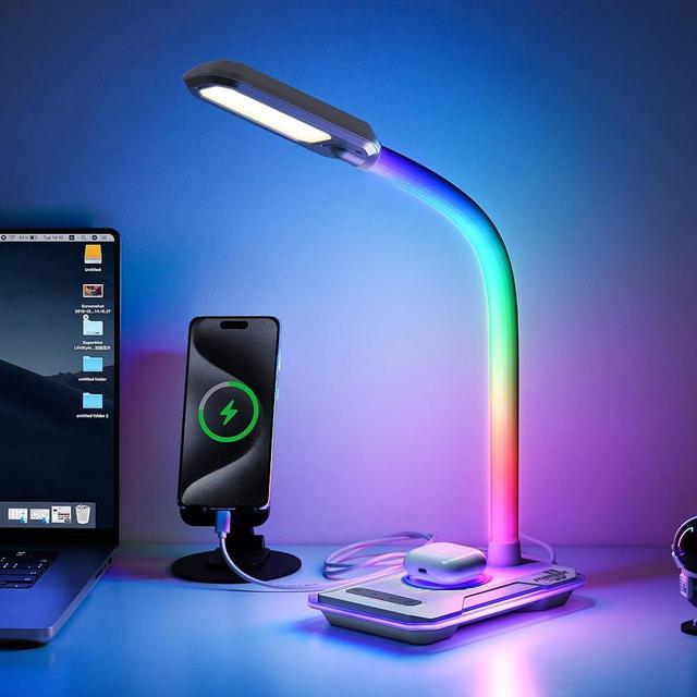WILIT LED Desk Lamp with Wireless Charger, Interactive RGB Color Changing Gaming Lamp with USB Charging Port, Touch Control Table Lamp,Reading, Desktop Light for Home Office,Birthday Gifts(White)