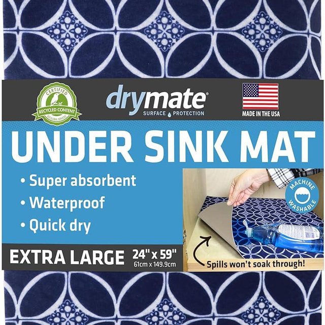Drymate Premium XL Under Sink Mat, Waterproof Cabinet Protection Mats for Kitchen & Bathroom, Absorbent Shelf Liners, Slip-Resistant, Non-Adhesive, Machine Washable (USA Made)(24”x59”)(Indigo)