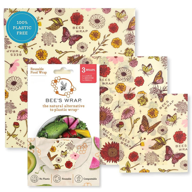 Bee's Wrap Beeswax Wraps for Food - 3 Pack of Assorted Beeswax Wraps - Small, Medium & Large Wrap - Plastic Free Made in USA Reusable Natural Food Wrap - Meadow Magic Print