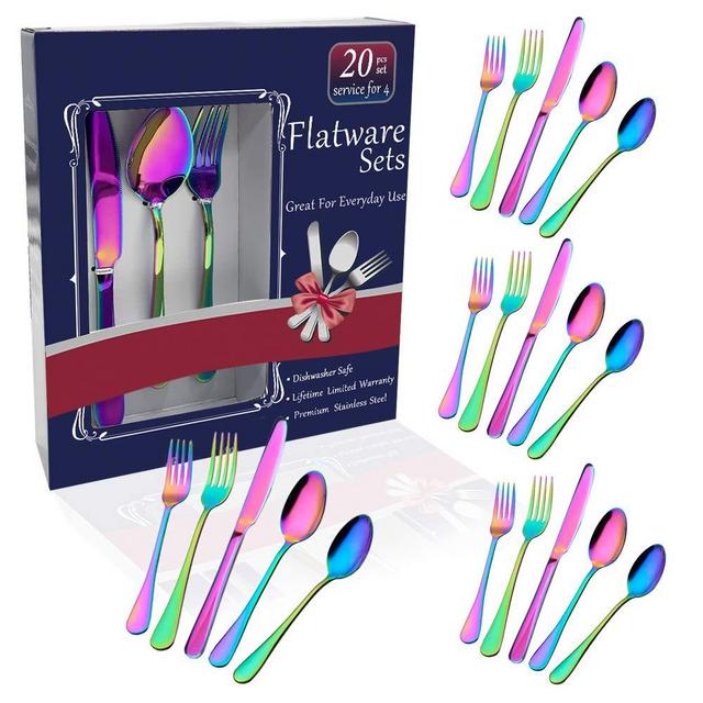 Rainbow Flatware Set Colorful Stainless Steel Silverware Dinnerware Set, Colored Tableware Set for 4, 20-piece flatware Set Service for 4, Include Knife/Fork/Spoon/Teaspoon/Fruit fork (rainbow 20 piec