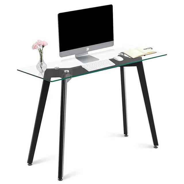 ivinta Home Office Desk, 40-inch Simple Computer Desk, Small Writing Table for Saving Space, Sturdy Tempered Glass Top Desk, Modern Study Desk with Wood Frame, Easy Assembly