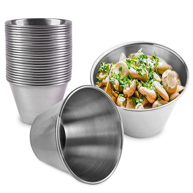 [24 Pack] 4 oz Stainless Steel Sauce Cups - Individual Round Condiments Ramekins, Commercial Grade Safe/Portion Dipping Sauce Kitchen Set