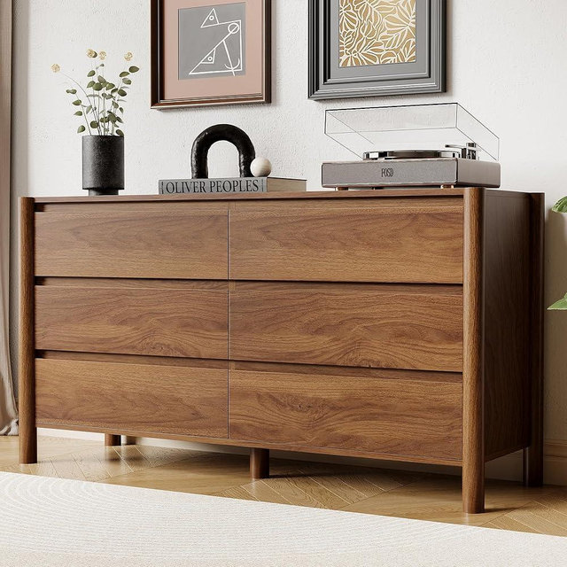 HOUROM 47" Wide 6-Drawer Dresser,Mid-Century Modern Chest with Solid Wood Legs, Concealed Handle,Large Wood Storage Organizer, Bedroom Storage,Walnut