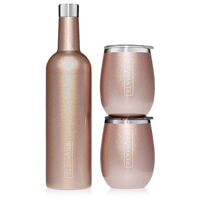 Brümate 25oz Winesulator + 2 Uncork’d XL 14oz Wine Glass Tumblers With Splash-Proof Lid, Insulated Stainless Steel, 24-Hour Temperature Retention, Shatterproof Tumblers | GLITTER ROSE GOLD