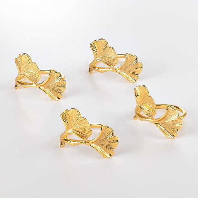SARO LIFESTYLE Ginko Design Ginkgo Napkin Rings (Set of 4), 1.5", Gold