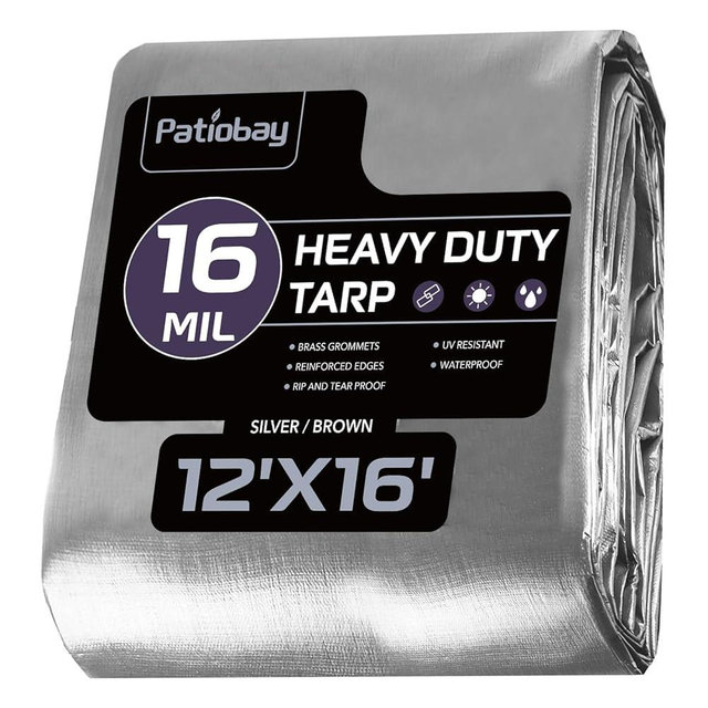 Patiobay Tarp 12x16FT, 16 Mil Large Tarp, Tarps Heavy Duty Waterproof with Grommets Every 23.6", 420D Thick Plastic Tarp, UV Resistant Tear&Fade Resistant, Reinforced Edges for Outdoor Pool Camp Tent