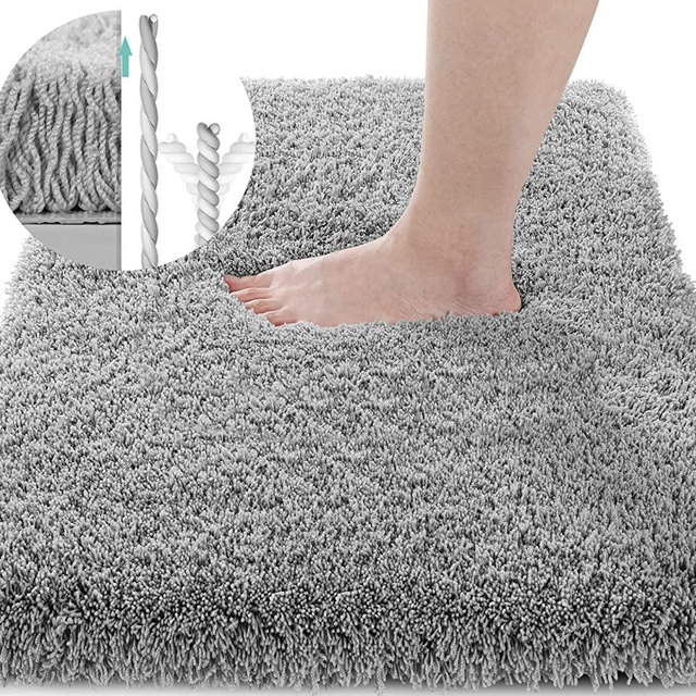 Yimobra Luxury Fluffy Bathroom Rugs, Super Elastic Soft Thick Plush Bath Mat, Non-Slip Water Absorbent, Easier to Dry, Durable Shaggy Microfiber Floor Carpet for Bathtub and Shower, 24"x 17", Grey