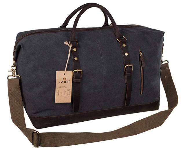 S-ZONE Oversized Canvas Genuine Leather Trim Travel Tote Duffel Shoulder Weekend Bag Weekender Overnight Carryon Hand Bag