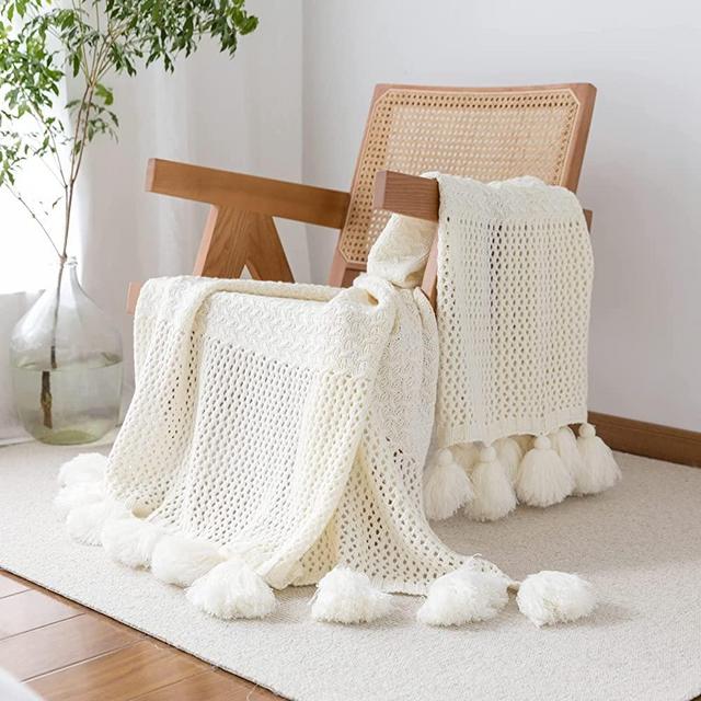IKATYARN Pom Pom Knitted Throw 50"x60" Blankets Off White, Decorative Chunky Knit Textured Throw, Soft Woven Blanket with Tassels for Couch, Bed, Sofa,Travel