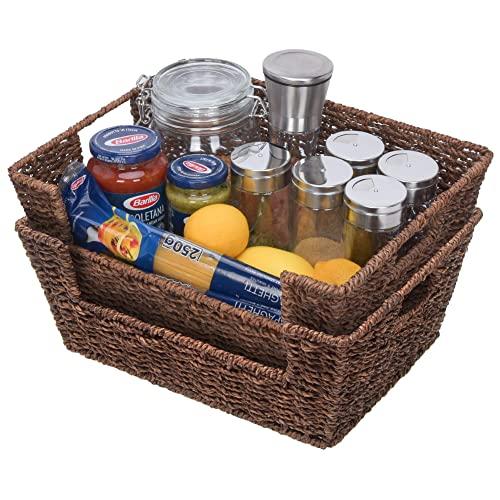 StorageWorks Seagrass Storage Basket, Hand-Woven Open-Front Bin with Handles, Brown, 13.8” x 11” x 5.5”, 2-Pack