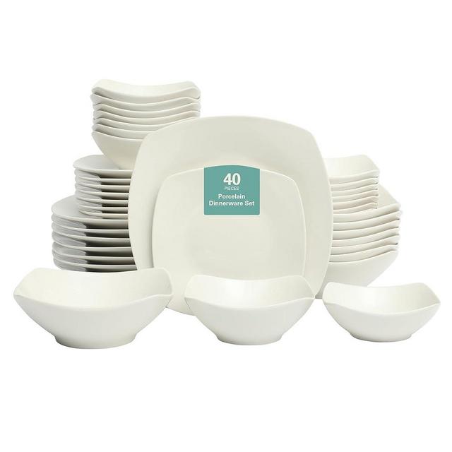 Gibson Home Brentwood 40-Piece Dinnerware Set – Square White Porcelain Plates and Bowls, Service for 8, Dishwasher & Microwave Safe, Modern Everyday Dinner Set with Cereal, Dessert, and Entrée Bowls