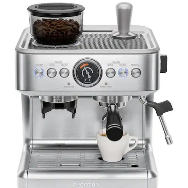 Chefman - Crema Supreme Espresso Machine with Conical Burr Grinder and Steam Wand - Stainless Steel
