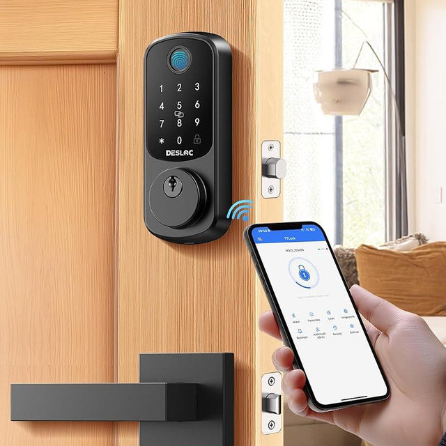 DESLOC B200 Fingerprint Smart Lock with 2 Lever Handles, Keyless Entry Front Door Lock Set, Electronic Keypad Deadbolt, App Control, Auto Lock, Long Battery Life, Secure Home Access