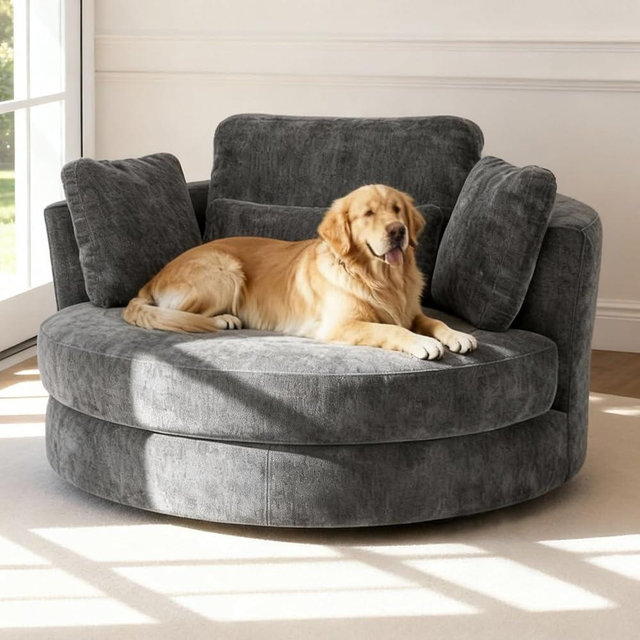 Aoiy & Wifon 50'' W Oversized Swivel Barrel Chair, Gray Swivel Accent Chair for Living Room, Round Oversized Arm Chair with 4 Pillows, Deep Seat & Extra Wide, Chenille