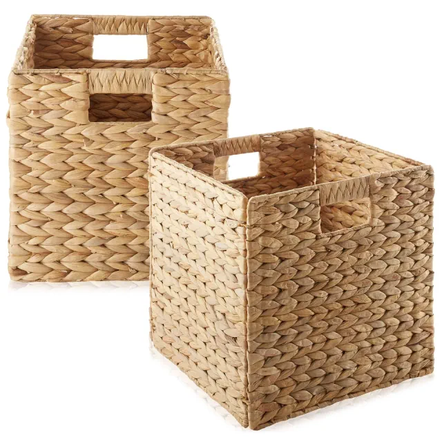 Casafield 12" x 12" Water Hyacinth Storage Baskets, Natural - Set of 2 Collapsible Cubes, Woven Bin Organizers for Bathroom, Bedroom, Laundry, Pantry