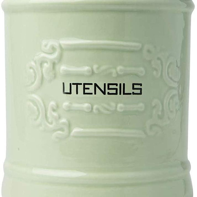 French Green Ceramic Utensil Holder - Vintage Style Kitchen Utensil Caddy - Antique Design Cooking Utensil Organizer - Rustic French Country Utensil Crock for Cooking Enthuziast