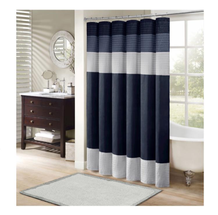 Salem Stripe Block Polyester Shower Curtain with Pintucking (Navy Blue)