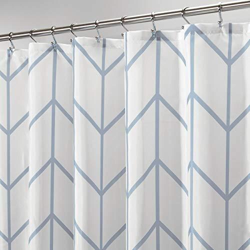 mDesign Decorative Chevron Herringbone Print - Easy Care Fabric Shower Curtain with Reinforced Buttonholes, for Bathroom Showers, Stalls and Bathtubs, Machine Washable - Blue