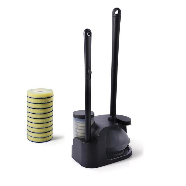 Eyliden Disposable Toilet Brush and Plunger Combo, Wand Set with 10pcs Refill Heads and Storage Caddy, Compact Toilet Cleaning System (Black)
