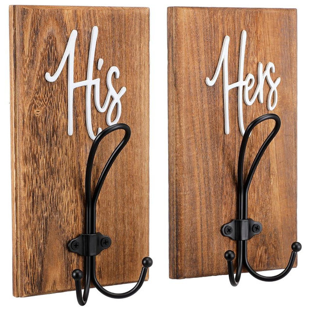 Bucherry 2 Pcs His and Hers Towel Hooks for Bathroom Rustic Farmhouse Wood Metal Dual Wall Hooks Couples Bathroom Decor Robe Coat Hook Rack Housewarming Wedding Gift (Brown)